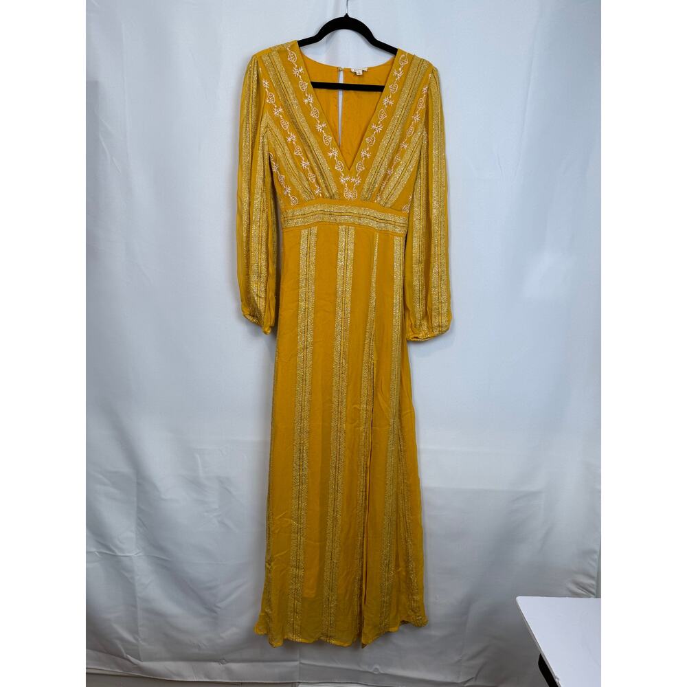 En Creme Mustard Boho Maxi Dress Gold Lurex Embroidered Wedding Guest Sz S